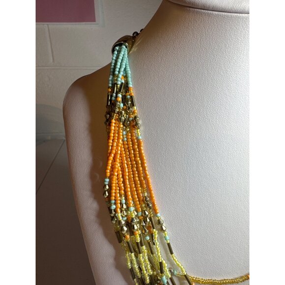 Seed Bead Statement Necklace Yellow Orange Turquoise Adjustable Lobster Clasp - Picture 6 of 7